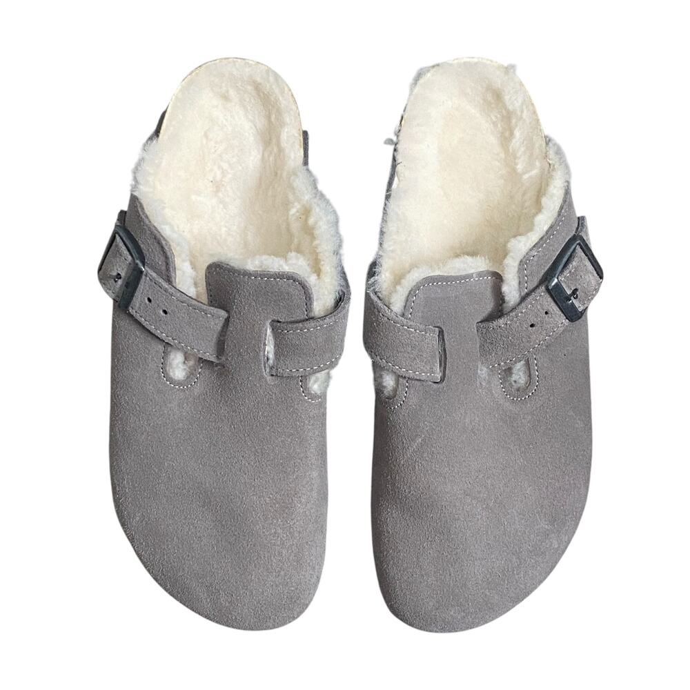 NWOT Birkenstock Boston Suede Fur Stone Coin Gray Clog 6